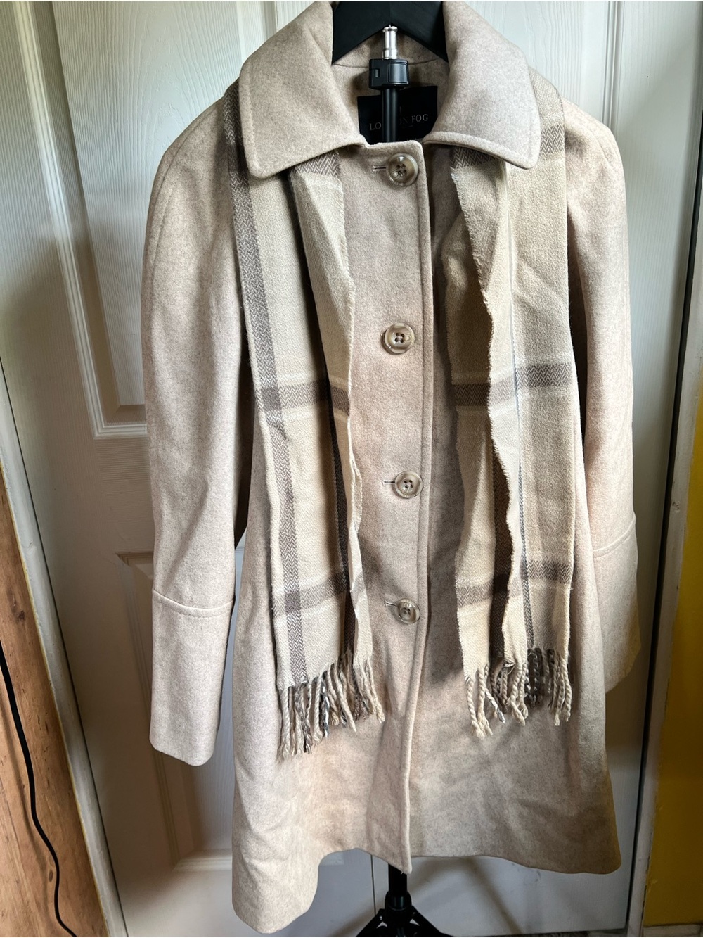 London Fog Beige Trench Coat with Plaid Scarf